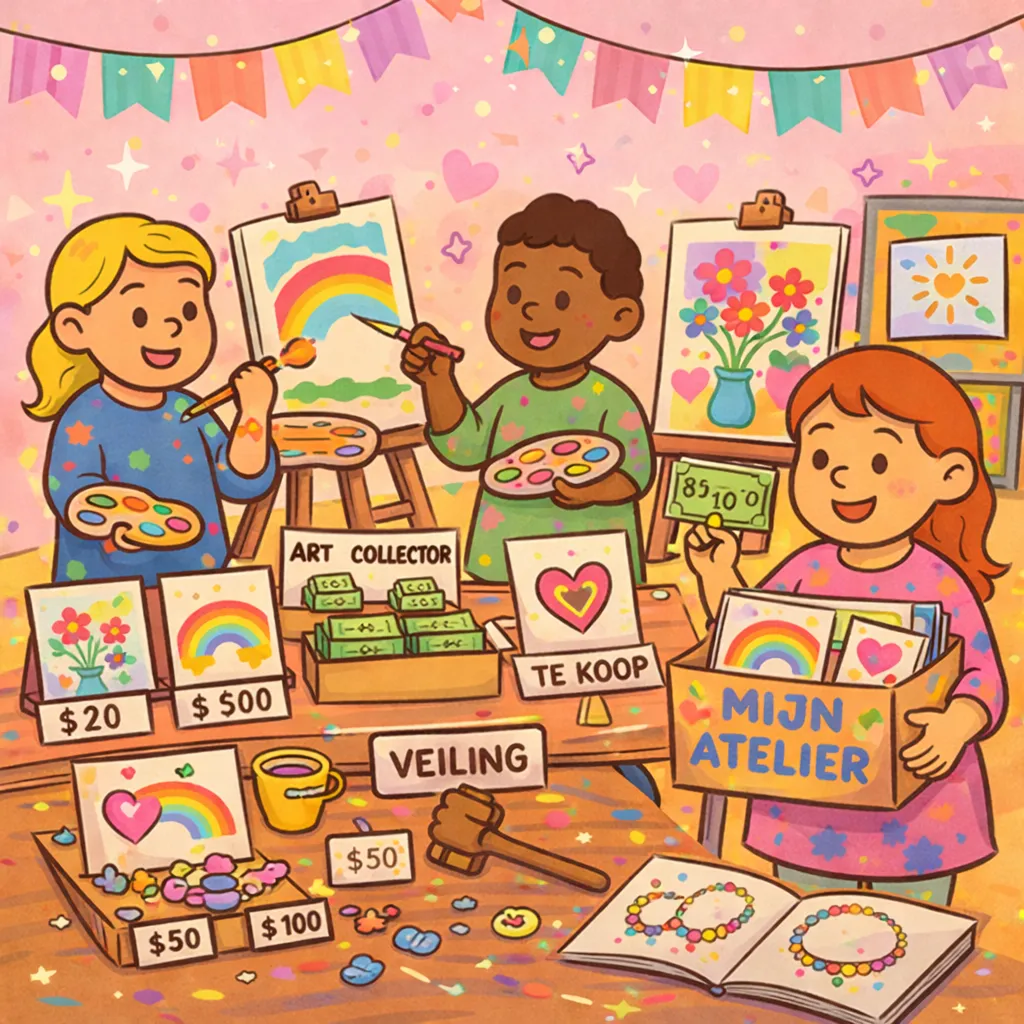Kunstfeestje met schildersezels en kinderkunstwerken