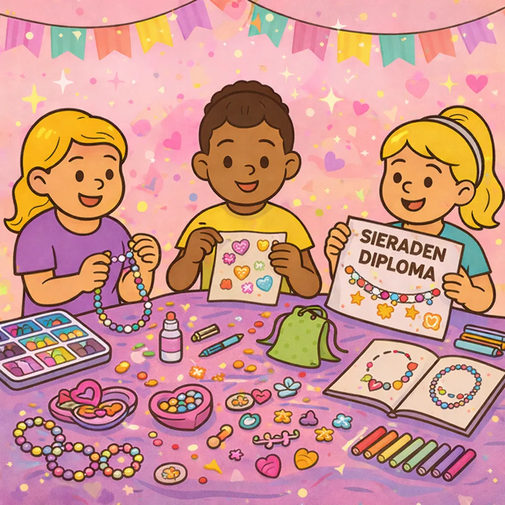 Sieradenfeestje met kralen, armbandjes en versierde sieradendoosjes