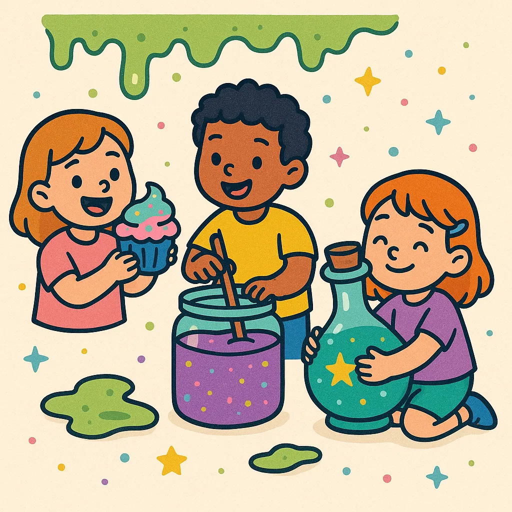 Kinderen maken kleurrijk slijm tijdens een feestje