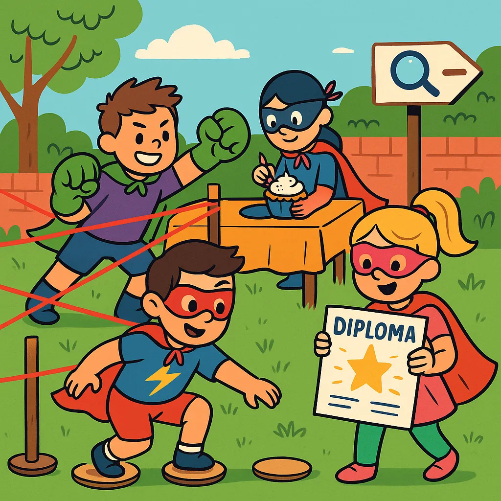 Kinderen verkleed als superhelden tijdens een opdracht